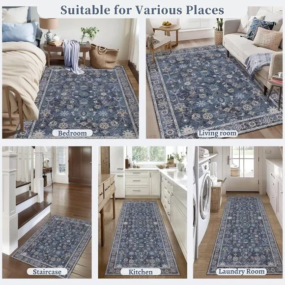 5x7 Blue Area Rug for Bedroom Living Room, Washable Vintage Floral Rug Non Slip, - Picture 9 of 9